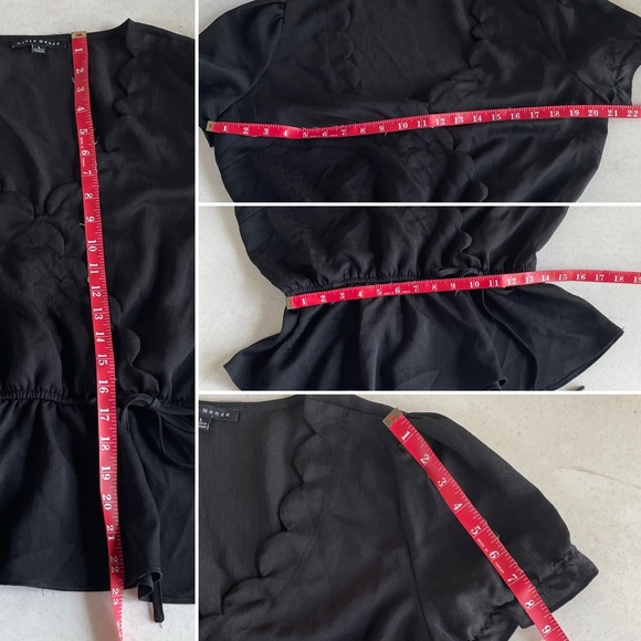 Stylish Short Sleeve Black Scalloped Collar Trim Blouse Top w/ Drawstring Waist - Picture 9 of 11